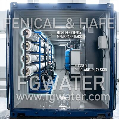 Equipamento de água pura RO em 100 TPD Solar Hybrid Containerized em unidade de 40ft para dessalinização de água do mar